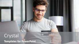  Presentation with young man holdng laptop on lap money - Slides with handsome-smiling-young-bearded-man background and a gray colored foreground