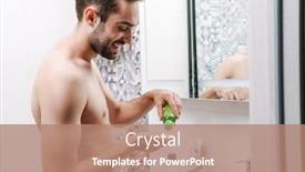  Presentation with lotion - Presentation featuring handsome smiling young shirtless man applying aftershave lotion while standing at the bathroom mirror background and a coral colored foreground