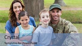  Presentation with military family - Presentation theme having handsome soldier reunited with family background and a teal colored foreground