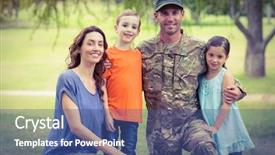  Presentation with family day - Beautiful PPT layouts featuring handsome soldier reunited with family backdrop and a ocean colored foreground