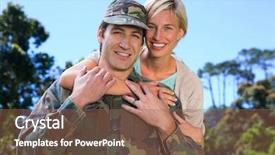  Presentation with clear sunny day rural landscape - Amazing PPT theme having handsome soldier reunited with partner backdrop and a violet colored foreground