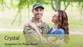 Presentation with clear sunny day rural landscape - PPT layouts consisting of handsome soldier reunited with partner background and a mint green colored foreground