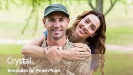  Presentation with clear sunny day rural landscape - Theme with handsome soldier reunited with partner background and a coral colored foreground