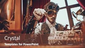  Presentation with inventor - Beautiful PPT theme featuring handsome-steampunk-man-scientist-inventor backdrop and a tawny brown colored foreground