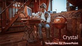  Presentation with inventor - Cool new slide set with handsome-steampunk-man-scientist-inventor backdrop and a wine colored foreground