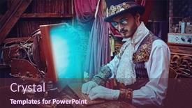  Presentation with inventor - PPT layouts with handsome-steampunk-man-scientist-inventor background and a tawny brown colored foreground