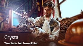  Presentation with inventor - Cool new PPT theme with handsome-steampunk-man-scientist-inventor backdrop and a tawny brown colored foreground