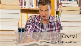  Presentation with piles - Amazing slides having handsome student studying between piles of books in library backdrop and a soft green colored foreground