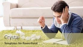  Presentation with project - Cool new presentation with handsome student working at startup project at home backdrop and a soft green colored foreground