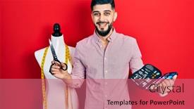  Presentation with sew - PPT theme having handsome-tailor-man-with-beard background and a coral colored foreground