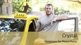  Presentation with woman car driver map - Audience pleasing PPT theme consisting of handsome taxi driver near car backdrop and a yellow colored foreground