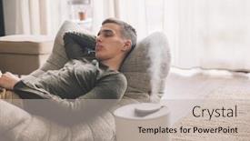  Presentation with living room - Slide set featuring handsome-teenage-guy-relaxing background and a mint green colored foreground