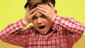  Presentation with panic - Presentation enhanced with handsome toddler child with green eyes stressful keeping hands on head terrified in panic shouting over yellow background background and a red colored foreground