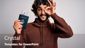  Presentation with passport travel - PPT theme having handsome-tourist-man-with-beard background and a wine colored foreground