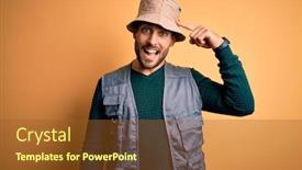  Presentation with explorer - PPT theme having handsome-tourist-man-with-beard background and a tawny brown colored foreground