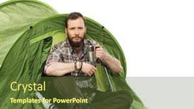  Presentation with coffee cup - PPT theme with handsome-traveler-in-a-tent background and a tawny brown colored foreground