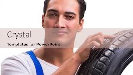  Presentation with tyre - Amazing presentation design having handsome-tyre-repairman-isolated backdrop and a coral colored foreground