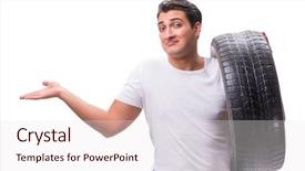  Presentation with tyre - PPT theme having handsome tyre repairman isolated background and a sky blue colored foreground