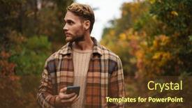  Presentation with forest - Presentation theme consisting of handsome-unshaven-man-using-mobile background and a tawny brown colored foreground