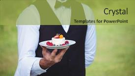  Presentation with outside the box - Colorful PPT layouts enhanced with handsome waiter holding a plate backdrop and a  colored foreground