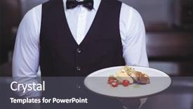  Presentation with restaurant waiter - Colorful PPT layouts enhanced with handsome waiter holding a plate in a restaurant backdrop and a dark gray colored foreground