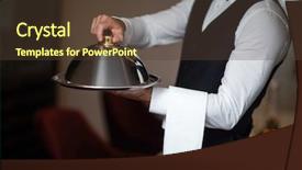  Presentation with commercial - Amazing PPT layouts having handsome waiter holding tray in a commercial kitchen backdrop and a tawny brown colored foreground