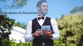 Presentation with tablet of stones - Cool new slides with handsome waiter using tablet computer outside backdrop and a light blue colored foreground