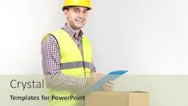  Presentation with boxes light - Amazing slide deck having handsome-warehouse-worker-with-clipboard backdrop and a soft green colored foreground