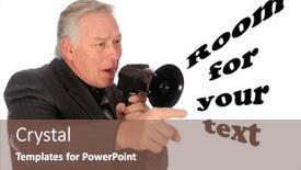  Presentation with text message - PPT theme with handsome well dressed business man in a grey pinstripe suit speaks his message of positive sales and other messages through his megaphone isolated on white with room for your text background and a violet colored foreground