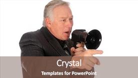  Presentation with text message - Presentation theme enhanced with handsome well dressed business man in a grey pinstripe suit speaks his message of positive sales and other messages through his megaphone isolated on white with room for your text background and a tawny brown colored foreground