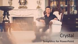  Presentation with luxury house - Presentation theme featuring handsome well-dressed man sitting with red wine in luxury house interior background and a coral colored foreground