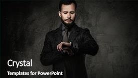  Presentation with well - Colorful presentation theme enhanced with handsome well-dressed man in jacket looking at wrist watch backdrop and a wine colored foreground