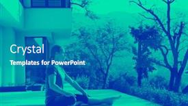  Presentation with villa - PPT layouts having handsome woman doing morning yoga exercises in front of her luxury home villa background and a teal colored foreground