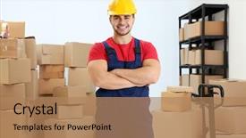  Presentation with cold storage warehouse - PPT layouts enhanced with handsome worker standing at warehouse background and a coral colored foreground