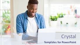  Presentation with food delivery - Theme featuring handsome young african business man eating delivery asian food and working using computer enjoying noodles smiling background and a sky blue colored foreground