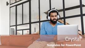  Presentation with laptop wireless - PPT theme having handsome-young-african-man-sitting background and a coral colored foreground