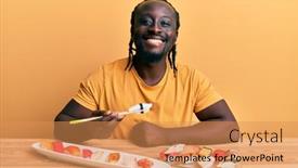  Presentation with standing sitting - Amazing theme having handsome-young-black-man-eating backdrop and a coral colored foreground