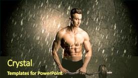  Presentation with weightlifting - Colorful slides enhanced with handsome young body builder weightlifting while showing his muscular upper body in the rain concept backdrop and a tawny brown colored foreground