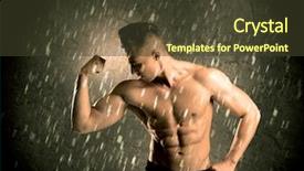  Presentation with weightlifting - PPT theme with handsome young body builder weightlifting while showing his muscular upper body in the rain concept background and a tawny brown colored foreground