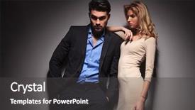  Presentation with lover - Presentation featuring handsome young business man holding his hands in pockets and looking at the camera while his lover is leaning on him looking down background and a dark gray colored foreground