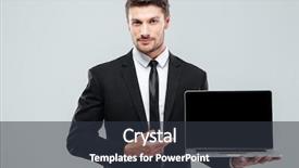  Presentation with laptop blank screen - Cool new presentation theme with confident buainessman pointing camera - handsome young businessman showing blank backdrop and a tawny brown colored foreground