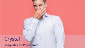  Presentation with bad breath - Amazing slide set having handsome young businessman smelling something backdrop and a  colored foreground