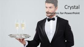  Presentation with butler - Theme featuring handsome young butler holding silver background and a light gray colored foreground