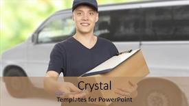  Presentation with express delivery - Colorful slides enhanced with handsome young delivery man portrait backdrop and a coral colored foreground