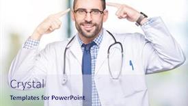  Presentation with great idea - Audience pleasing PPT theme consisting of handsome young doctor man over isolated background smiling pointing to head with both hands finger great idea or thought good memory backdrop and a sky blue colored foreground