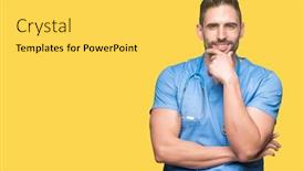  Presentation with hand surgeon - Audience pleasing slide deck consisting of handsome young doctor surgeon man over isolated background looking confident at the camera with smile with crossed arms and hand raised on chin thinking positive backdrop and a yellow colored foreground