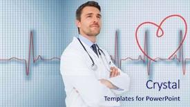  Presentation with ecg - Presentation theme with handsome young doctor with arms crossed against medical background with red ecg line background and a sky blue colored foreground