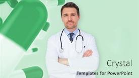  Presentation with medical pills - Audience pleasing PPT layouts consisting of handsome young doctor with arms crossed against green medical background with pills backdrop and a soft green colored foreground