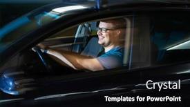  Presentation with driving safely - PPT theme featuring handsome-young-driver-driving-hic background and a black colored foreground