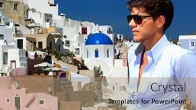  Presentation with greek islands - Audience pleasing slide set consisting of handsome young in the greek islands santorini backdrop and a coral colored foreground